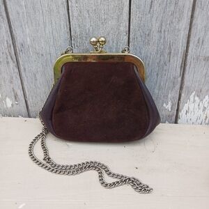 Vintage Brown Leather Gold Kiss Lock  Purse With Silver Chain Mini
